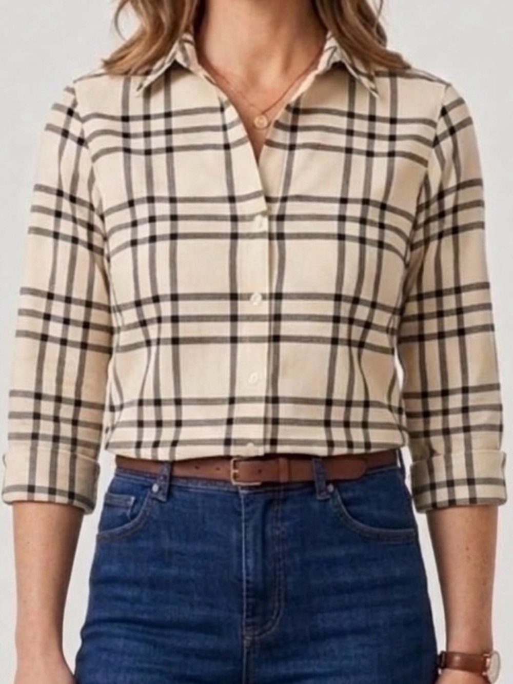 Foxcroft by Appleseed’s Blouse button-up cream black plaid 3/4 sleeves 10P